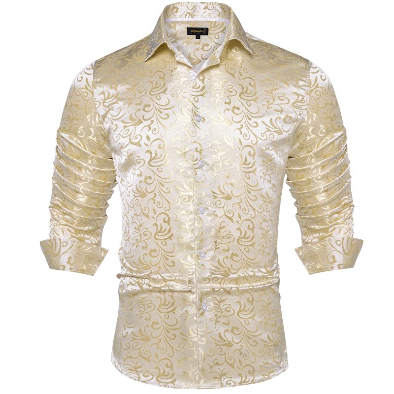 Luxury Men Dress Shirt Formal Prom Tuxedo Long Sleeve Silk Polyester Golden Color Paisley Black Shirts Blouse Men Clothing - Image 21