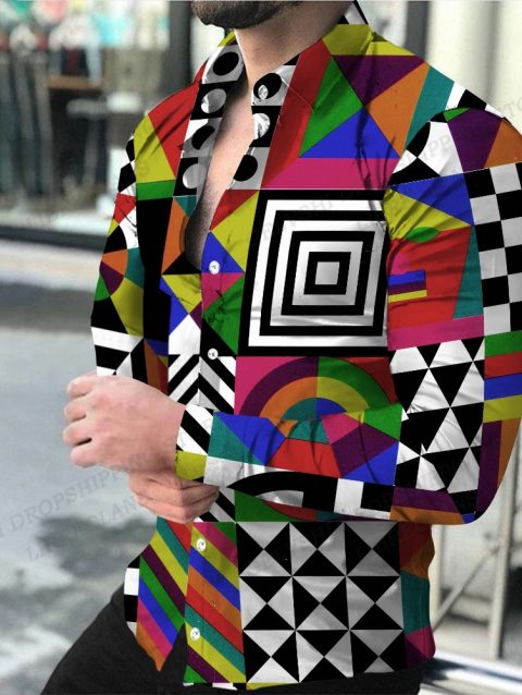 Geometric Shirts Men Fashion Shirt Long Sleeve Hawaiian Shirts Beach Blouse Men's Clothing Graffiti Camisas Streetwear Clothing
