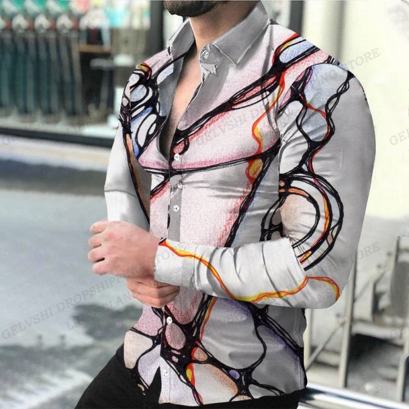Geometric Shirts Men Fashion Shirt Long Sleeve Hawaiian Shirts Beach Blouse Men's Clothing Graffiti Camisas Streetwear Clothing - Image 2