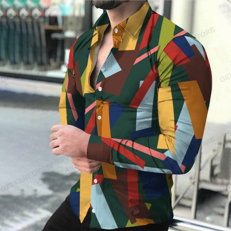 Geometric Shirts Men Fashion Shirt Long Sleeve Hawaiian Shirts Beach Blouse Men's Clothing Graffiti Camisas Streetwear Clothing - Image 3