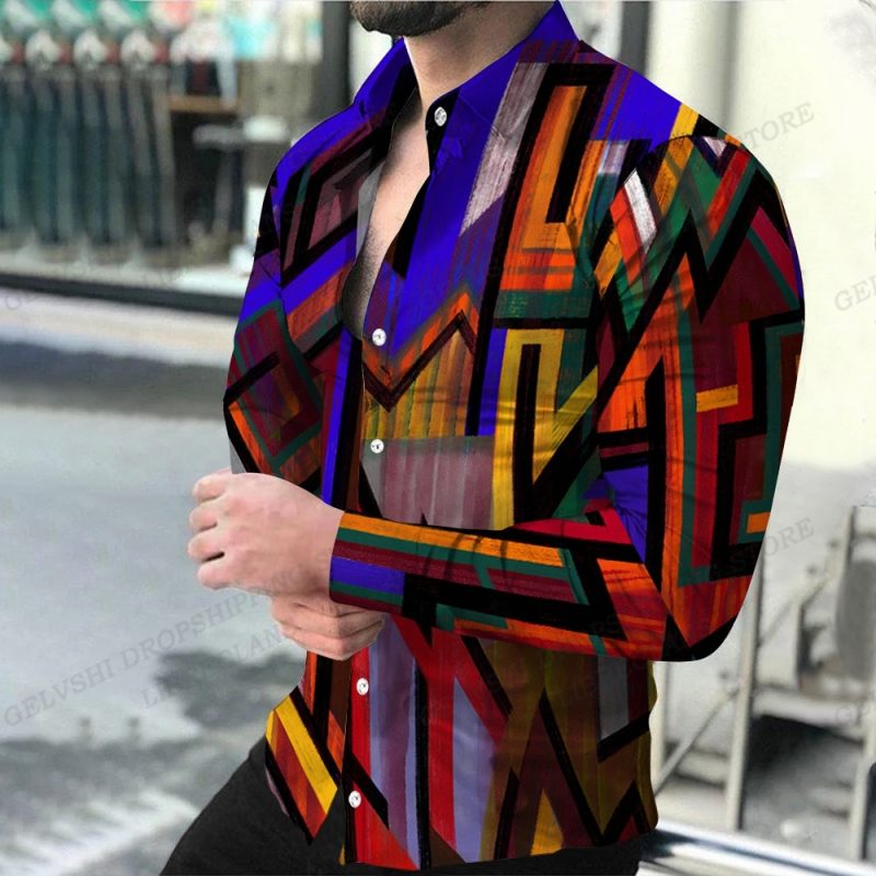 Geometric Shirts Men Fashion Shirt Long Sleeve Hawaiian Shirts Beach Blouse Men's Clothing Graffiti Camisas Streetwear Clothing - Image 7