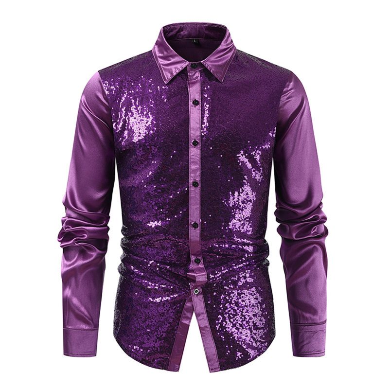 Men's Club Solid Color Gold Hot Sequin Fashion Personality Long Sleeve Shirt