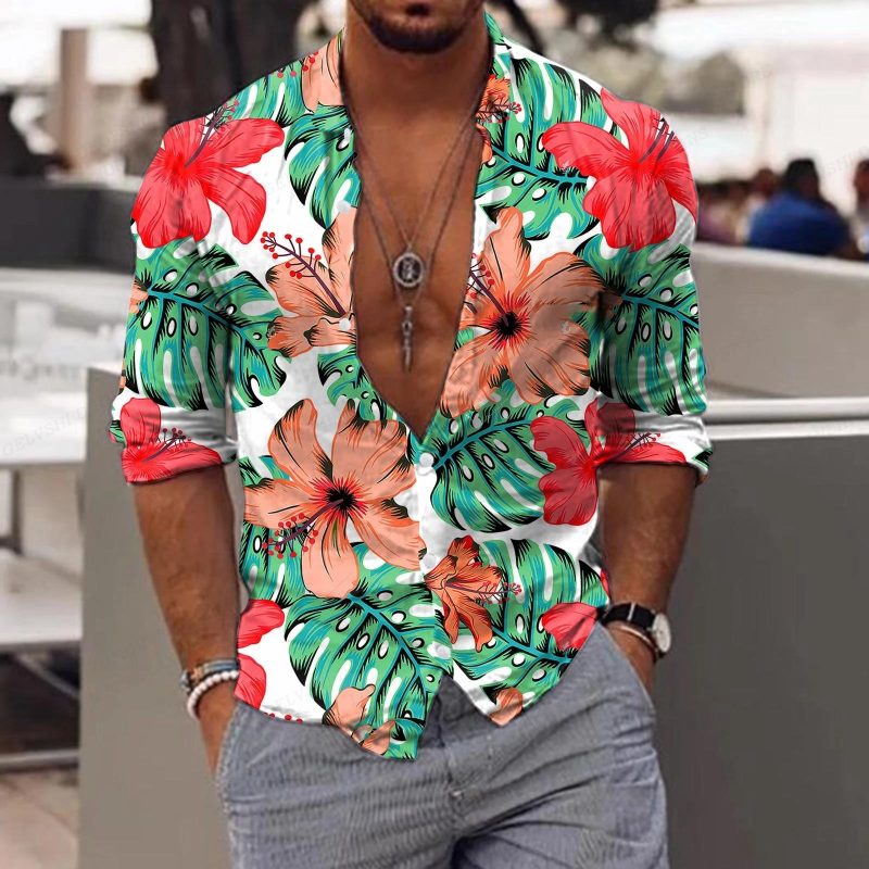 New Trend Men's Shirts Casual Floral Printed Lapel Button Long Sleeve Light Luxury Tops - Image 3