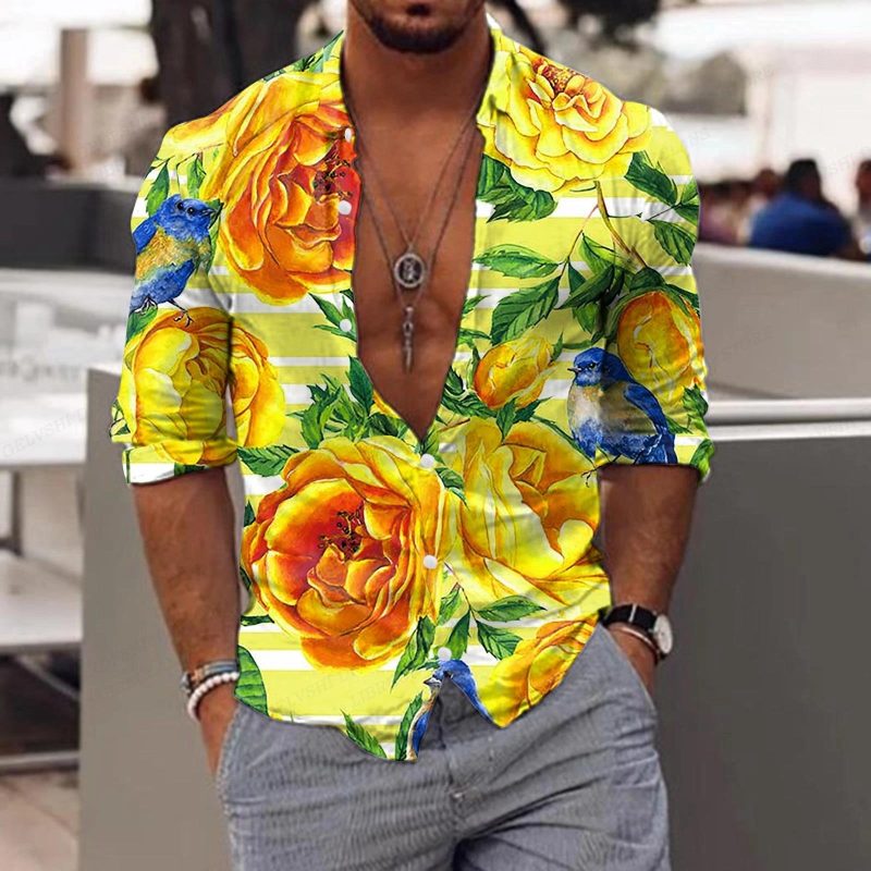 New Trend Men's Shirts Casual Floral Printed Lapel Button Long Sleeve Light Luxury Tops - Image 4