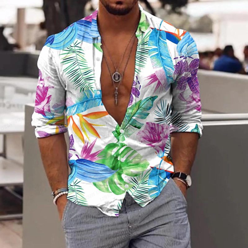 New Trend Men's Shirts Casual Floral Printed Lapel Button Long Sleeve Light Luxury Tops - Image 5