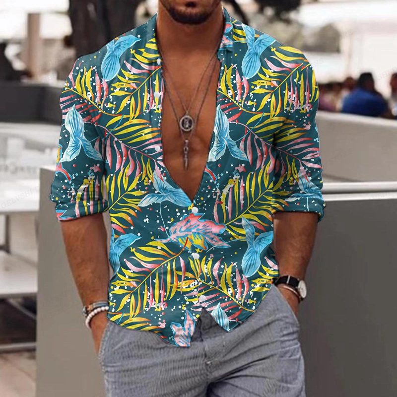 New Trend Men's Shirts Casual Floral Printed Lapel Button Long Sleeve Light Luxury Tops - Image 7
