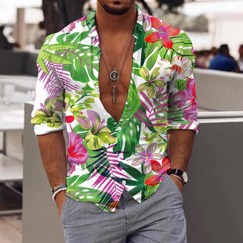 New Trend Men's Shirts Casual Floral Printed Lapel Button Long Sleeve Light Luxury Tops - Image 12