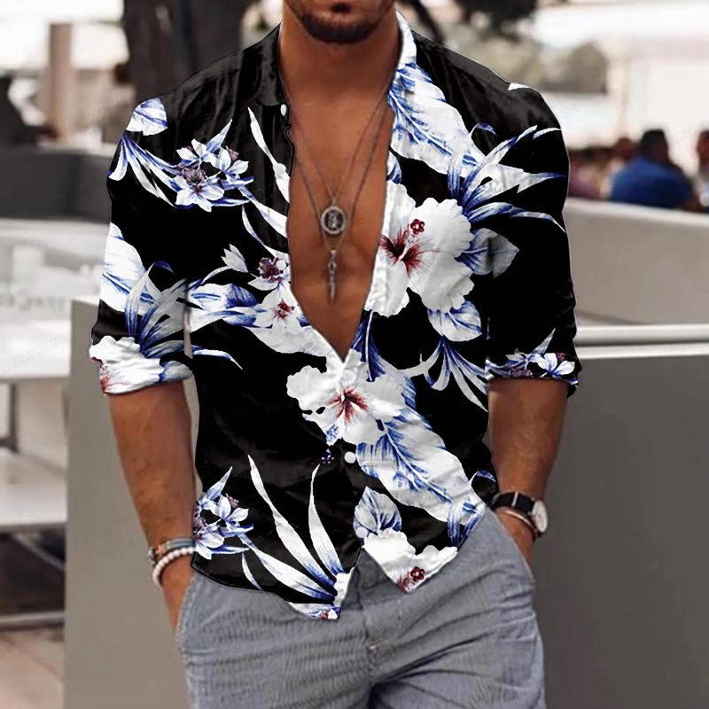 New Trend Men's Shirts Casual Floral Printed Lapel Button Long Sleeve Light Luxury Tops - Image 14