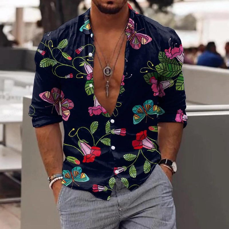 New Trend Men's Shirts Casual Floral Printed Lapel Button Long Sleeve Light Luxury Tops - Image 17