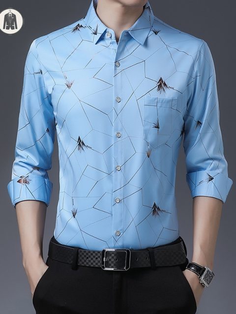 New Men's Casual Printed Long Sleeved Lapel Shirt for Spring and Autumn Fashion Comfortable Wrinkle Free Top Without Ironing