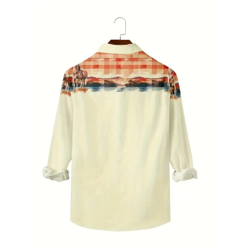 Yellowstone Western Denim Shirt Plaid and horse print vintage men's lapel button shirt Modern casual long-sleeved shirt - Image 2