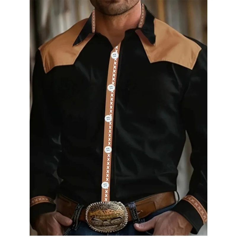 Yellowstone Western Denim Shirt Plaid and horse print vintage men's lapel button shirt Modern casual long-sleeved shirt - Image 3