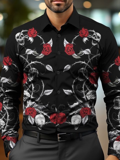 Floral Skulls Casual Business Casual Men's Dress Shirt Button Up Shirt Long Sleeve Party Evening Event Party Button Up Shirt