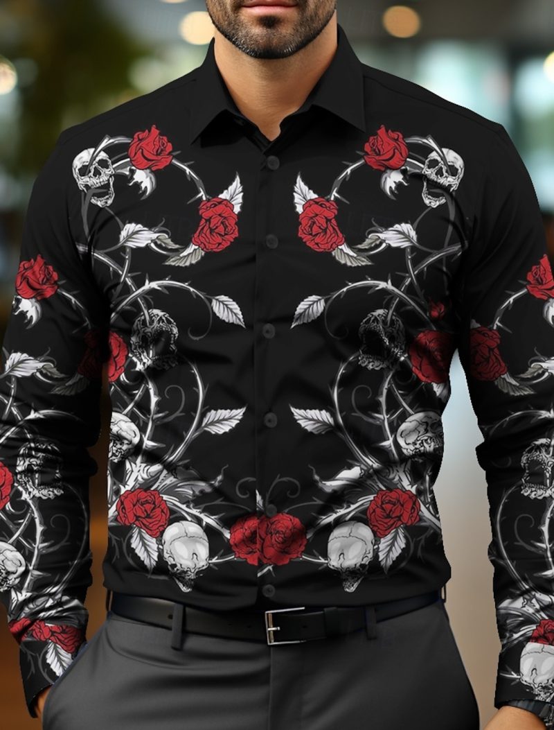 Floral Skulls Casual Business Casual Men's Dress Shirt Button Up Shirt Long Sleeve Party Evening Event Party Button Up Shirt
