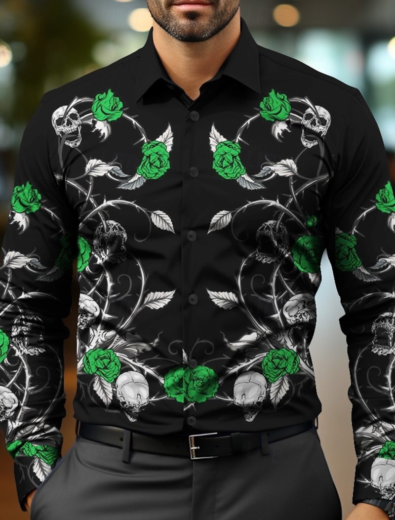 Floral Skulls Casual Business Casual Men's Dress Shirt Button Up Shirt Long Sleeve Party Evening Event Party Button Up Shirt - Image 2