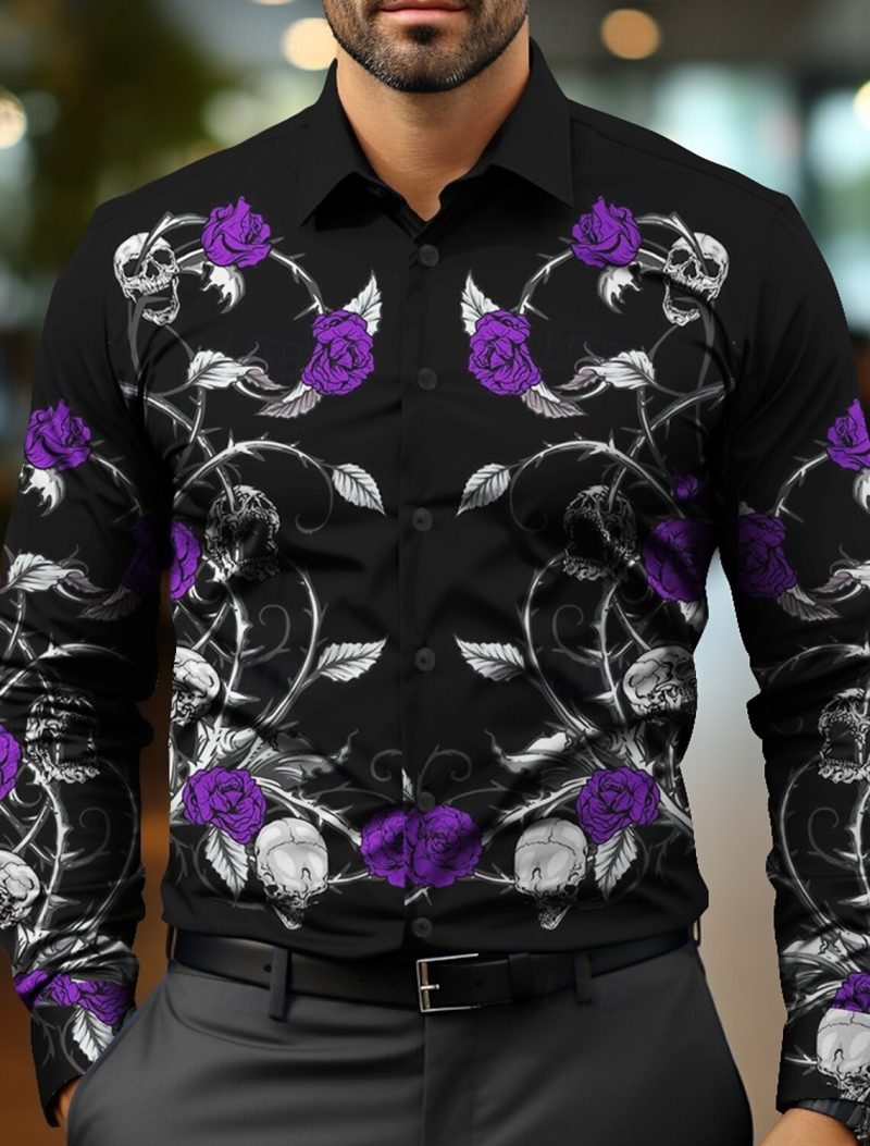 Floral Skulls Casual Business Casual Men's Dress Shirt Button Up Shirt Long Sleeve Party Evening Event Party Button Up Shirt - Image 3