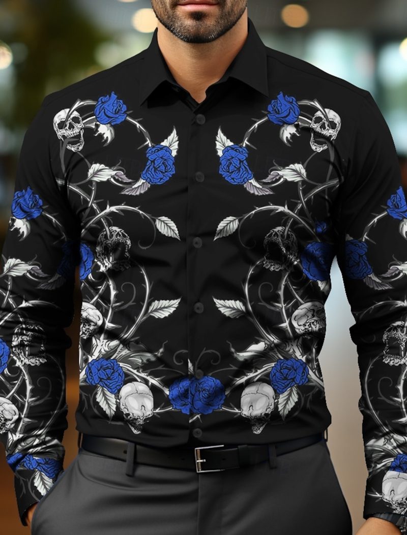 Floral Skulls Casual Business Casual Men's Dress Shirt Button Up Shirt Long Sleeve Party Evening Event Party Button Up Shirt - Image 4