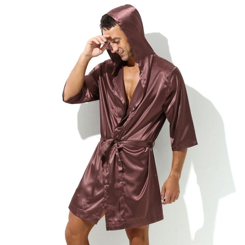 Sexy Sleepwear Men Robes Bathrobes Soft Silky Short Sleeve Nightgown Mens Homewear Dressing Gown Male Pajamas (No shorts) - Image 2
