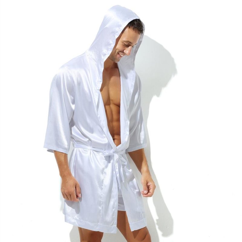 Sexy Sleepwear Men Robes Bathrobes Soft Silky Short Sleeve Nightgown Mens Homewear Dressing Gown Male Pajamas (No shorts) - Image 3