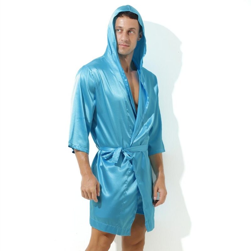 Sexy Sleepwear Men Robes Bathrobes Soft Silky Short Sleeve Nightgown Mens Homewear Dressing Gown Male Pajamas (No shorts) - Image 4