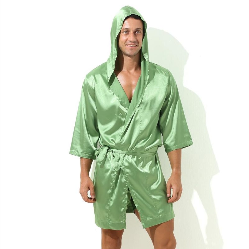 Sexy Sleepwear Men Robes Bathrobes Soft Silky Short Sleeve Nightgown Mens Homewear Dressing Gown Male Pajamas (No shorts) - Image 5