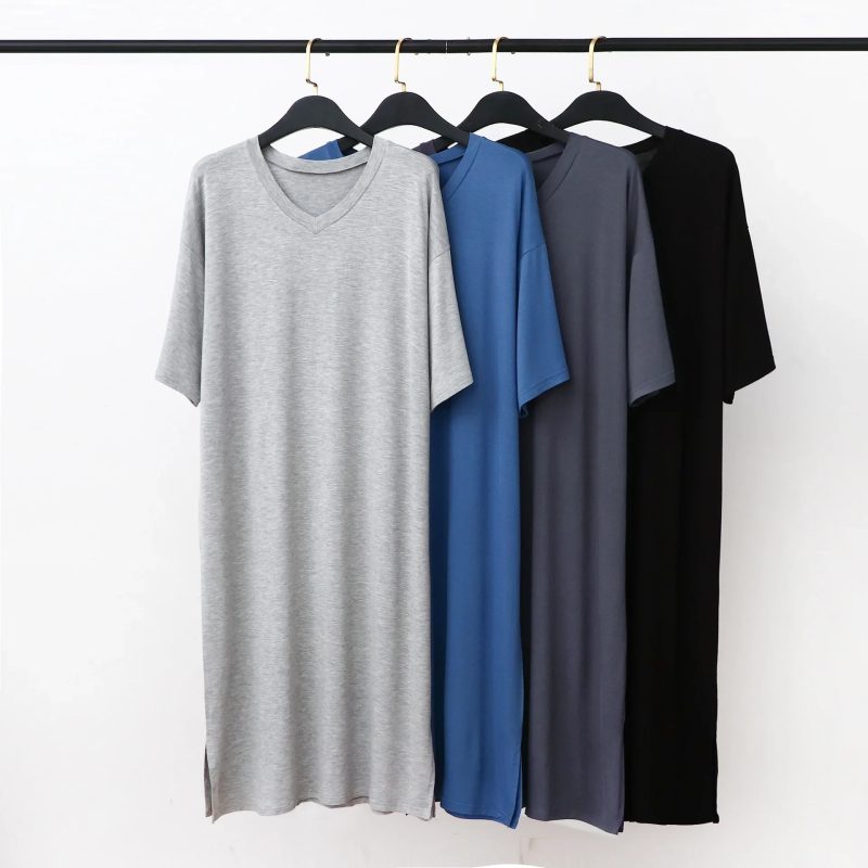 Modal Pajamas Home Clothes Men's Short-sleeved V-neck Mid-length One-piece Nightgown Loose Large Size Mens Cotton Bathrobe
