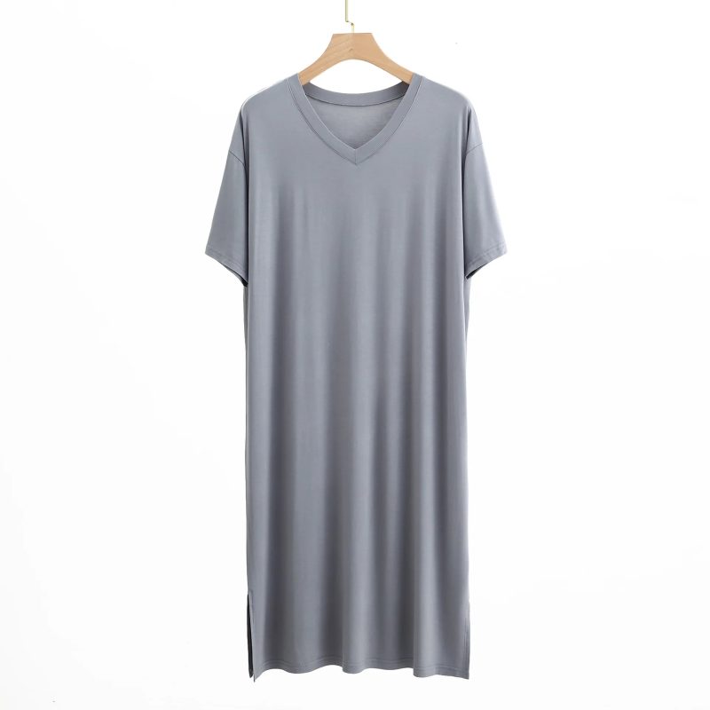 Modal Pajamas Home Clothes Men's Short-sleeved V-neck Mid-length One-piece Nightgown Loose Large Size Mens Cotton Bathrobe - Image 7