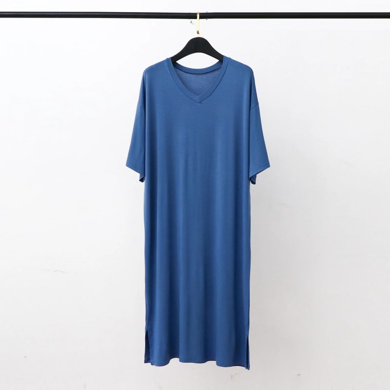 Modal Pajamas Home Clothes Men's Short-sleeved V-neck Mid-length One-piece Nightgown Loose Large Size Mens Cotton Bathrobe - Image 9