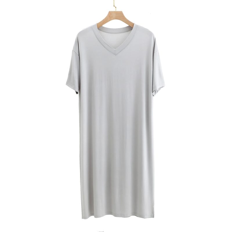 Modal Pajamas Home Clothes Men's Short-sleeved V-neck Mid-length One-piece Nightgown Loose Large Size Mens Cotton Bathrobe - Image 12
