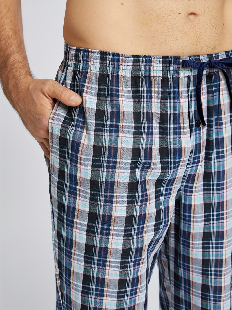 3pcs Men's Pajama Bottoms Spring/Summer Cotton Thin Plaid Sleep & Lounge Pants with Pockets and Elastic Waistband - Image 3