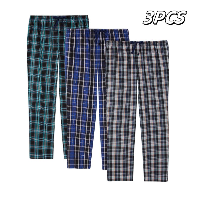 3pcs Men's Pajama Bottoms Spring/Summer Cotton Thin Plaid Sleep & Lounge Pants with Pockets and Elastic Waistband - Image 7