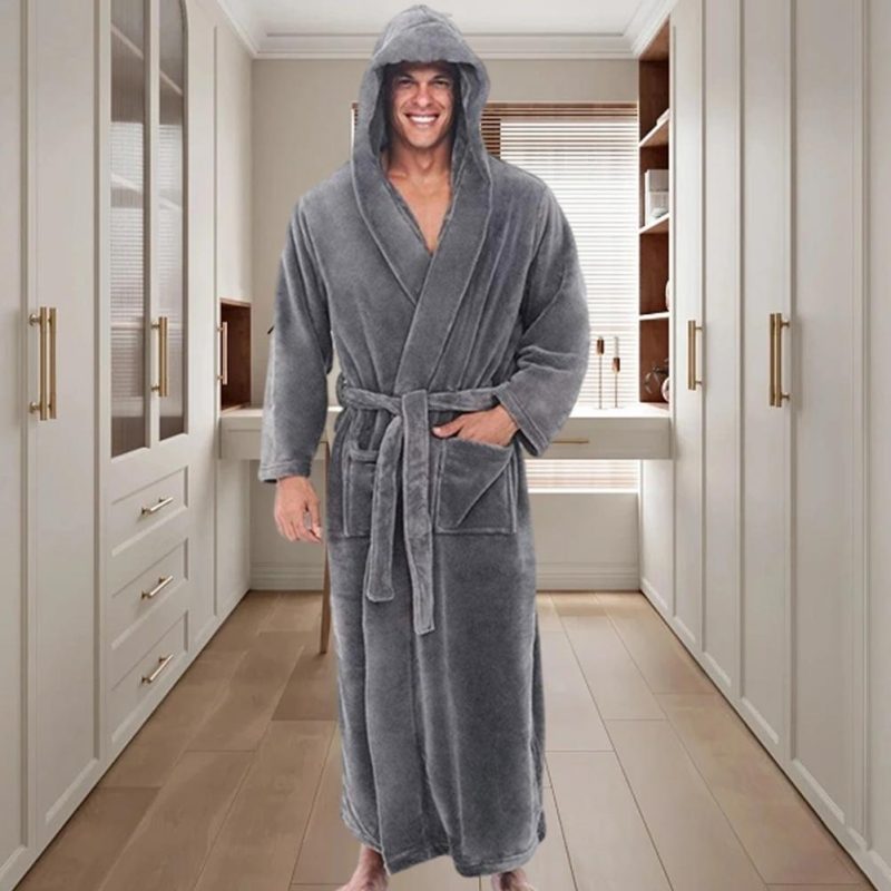 Plush Bathrobe Luxurious Men's Hooded Bathrobe with Adjustable Belt Ultra Soft Absorbent Male Robe with Pockets Plush for Men - Image 2