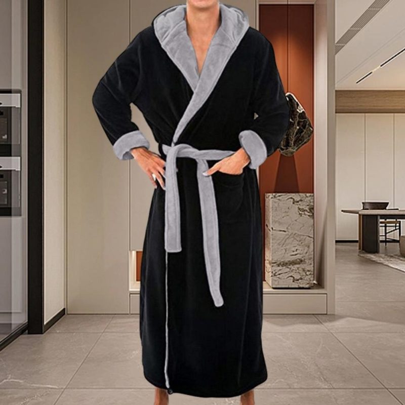 Plush Bathrobe Luxurious Men's Hooded Bathrobe with Adjustable Belt Ultra Soft Absorbent Male Robe with Pockets Plush for Men - Image 3