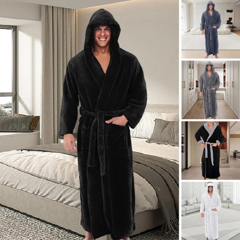 Plush Bathrobe Luxurious Men's Hooded Bathrobe with Adjustable Belt Ultra Soft Absorbent Male Robe with Pockets Plush for Men - Image 5