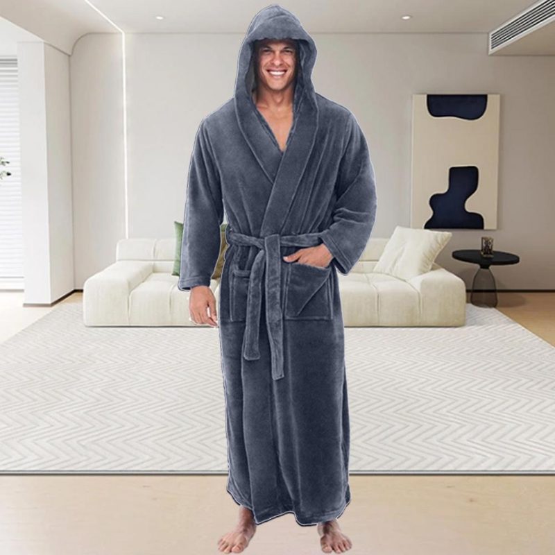 Plush Bathrobe Luxurious Men's Hooded Bathrobe with Adjustable Belt Ultra Soft Absorbent Male Robe with Pockets Plush for Men - Image 6