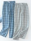 Men's Cotton Gauze Trousers Plaid Knitted Sleep Pants Woman Pajamas Pants Bottoms Sleepwear Short for Couples Pijama Hombre