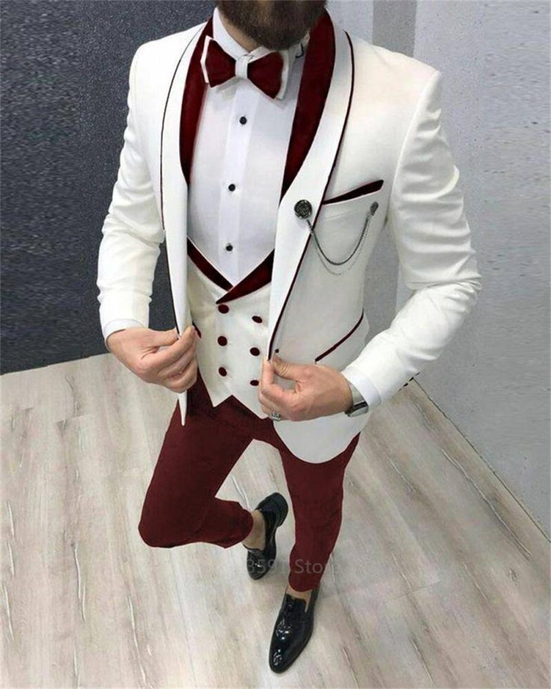 Burgundy Lapel Ivory Men Business Suit Groom Groomsman Wedding Party Special Occasions Male Tuxedo Jacket Pants Vest 3 Piece Set - Image 4