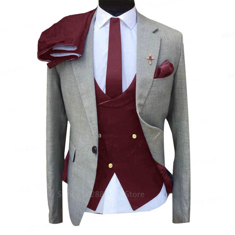 Burgundy Lapel Ivory Men Business Suit Groom Groomsman Wedding Party Special Occasions Male Tuxedo Jacket Pants Vest 3 Piece Set - Image 5