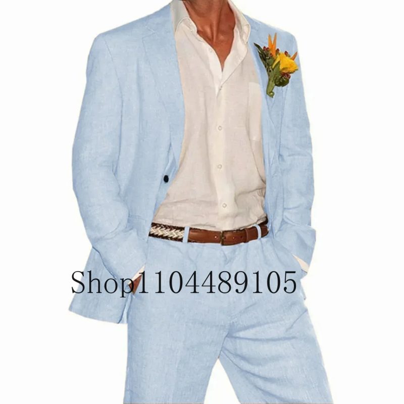 Linen Suit 2 Pieces Blazer and Pants Set Tailored Suits Men's Suit for Wedding Groomsmen for Summer Beach Suits for Men