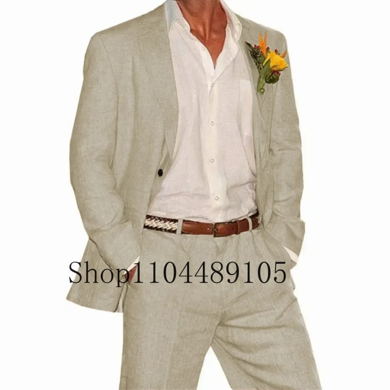 Linen Suit 2 Pieces Blazer and Pants Set Tailored Suits Men's Suit for Wedding Groomsmen for Summer Beach Suits for Men - Image 2