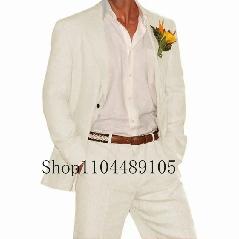 Linen Suit 2 Pieces Blazer and Pants Set Tailored Suits Men's Suit for Wedding Groomsmen for Summer Beach Suits for Men - Image 3