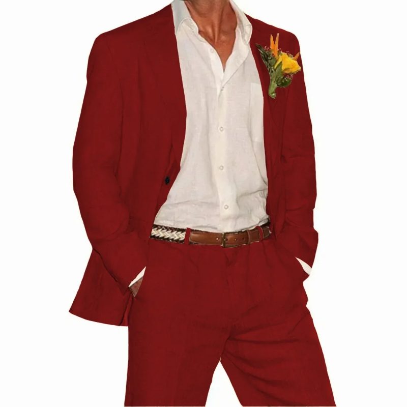 Linen Suit 2 Pieces Blazer and Pants Set Tailored Suits Men's Suit for Wedding Groomsmen for Summer Beach Suits for Men - Image 6