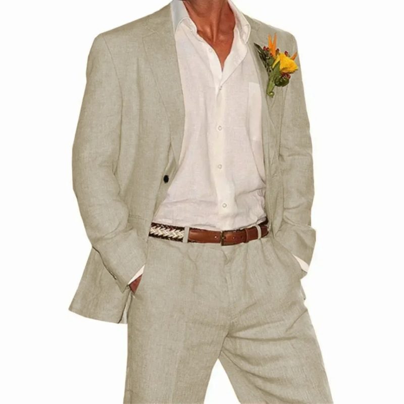 Linen Suit 2 Pieces Blazer and Pants Set Tailored Suits Men's Suit for Wedding Groomsmen for Summer Beach Suits for Men - Image 7
