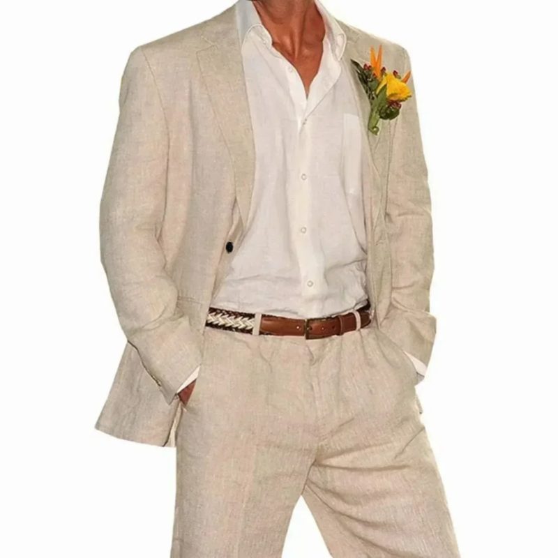 Linen Suit 2 Pieces Blazer and Pants Set Tailored Suits Men's Suit for Wedding Groomsmen for Summer Beach Suits for Men - Image 17