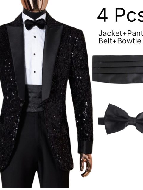 Shining Sequins Prom Men Suits Tuxedo Slim Fit Peak Lapel Luxury Blazer with Pants 4 Pcs Tailored Groom Wedding Party Suit