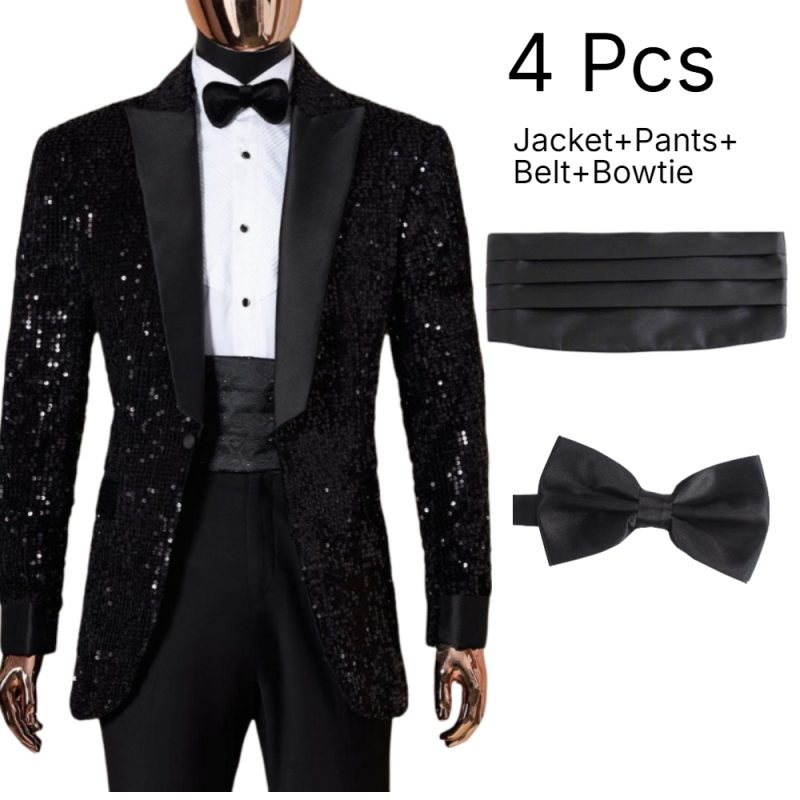 Shining Sequins Prom Men Suits Tuxedo Slim Fit Peak Lapel Luxury Blazer with Pants 4 Pcs Tailored Groom Wedding Party Suit