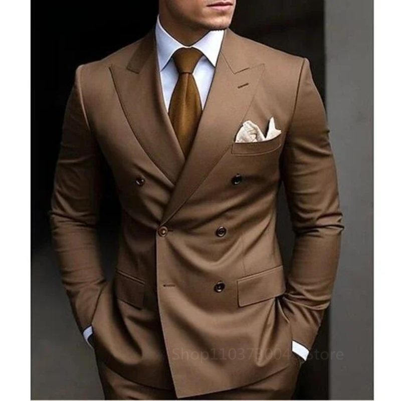 Solid 2 Pieces Men Suits Set Fashion New Men's Formal Business/Wedding Groom Suits Peak Lapel Double Breasted Blazer Trousers - Image 4