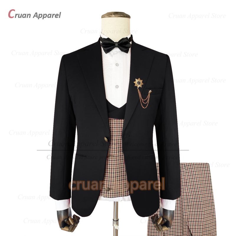 Classic Brown Suit Sets For Men Fashion Checkered Blazer Vest Pants 3 Pieces Formal Party Tailor-made Elegant Slim Fit Costumes - Image 3