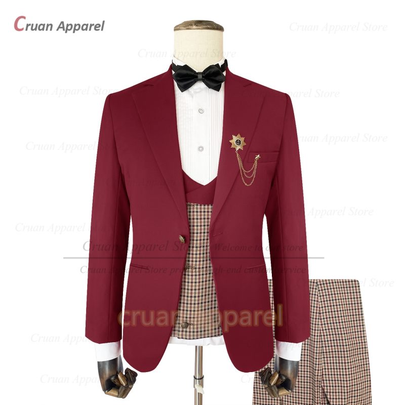 Classic Brown Suit Sets For Men Fashion Checkered Blazer Vest Pants 3 Pieces Formal Party Tailor-made Elegant Slim Fit Costumes - Image 4