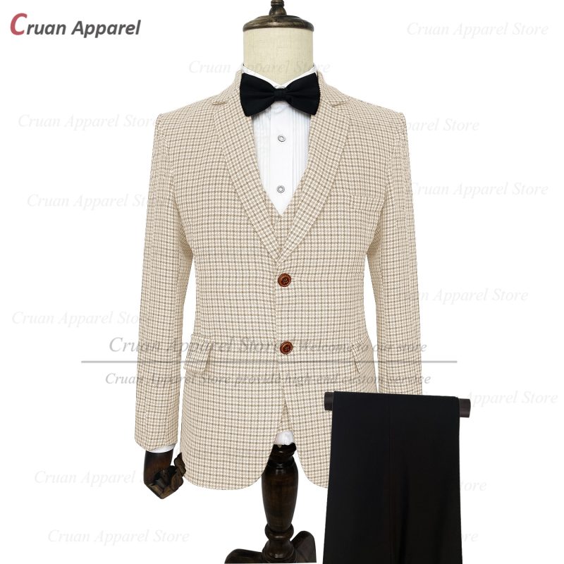 Classic Brown Suit Sets For Men Fashion Checkered Blazer Vest Pants 3 Pieces Formal Party Tailor-made Elegant Slim Fit Costumes - Image 5